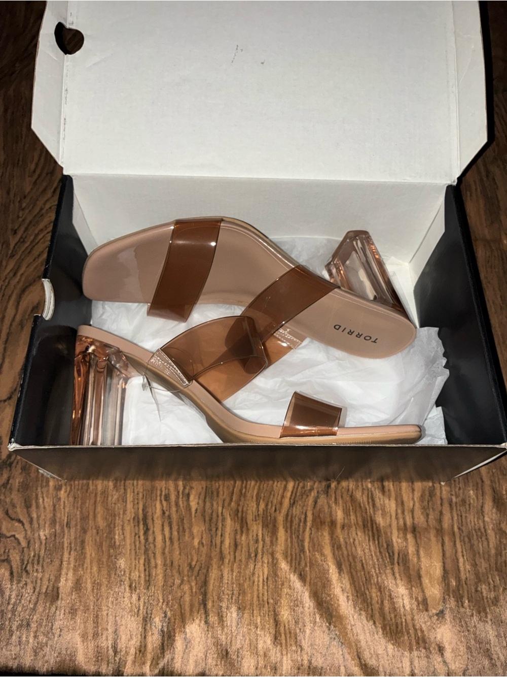 Brown Double‑Strap Lucite Heel Sandal (Size 13 WW)